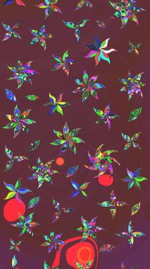 Kahverengi ve yeşil renkli çiçekler. Raster illüstrasyonu. El çizimi çiçekli soyut çizim deseni.