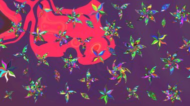 Mor ve pembe renkli bitkilerden oluşan parlak çiçekli çizim deseni.