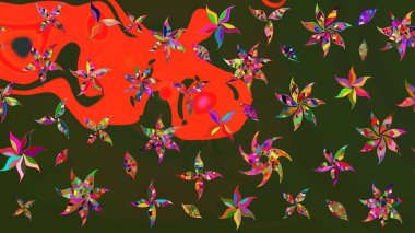 Yeşil ve gri renkli Asya tekstili. Çiçek desenli çizim. Raster illüstrasyonu.