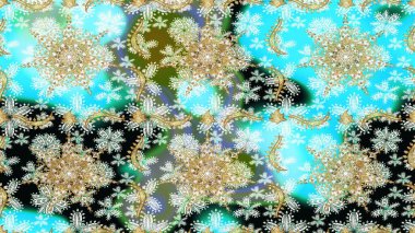 Raster illüstrasyonu. Tarafsız ve mavi renklerde, altın elementlerle klasik, pürüzsüz desen.