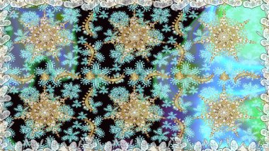 Raster geleneksel oryantasyon süsü. Kusursuz klasik altın desen. Altın elementlerle nötr ve mavi renklerde altın desen.