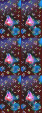 Mor ve mavi renkte çiçekler. Tropik çiçek desenleri. Raster illüstrasyonu.