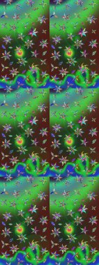 Çiçeksel elementlerle süslenmiş zarif raster dokusu. Parlak çiçekli yeşil ve mavi renkler üzerine soyut çizim deseni. Küçük çiçekte şirin bir çiçek deseni var..