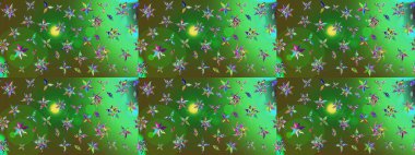 Raster illüstrasyonu. Çiçek ve yapraklı karalama şeklinde Raster çiçek deseni. Yeşil ve mavi renklerde bahar çiçekleri..