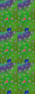 Moda baskıları için zarif bir şablon. Modern çiçek arkaplanı. Halk tarzı. Parlak renkli çiçekleri ve yeşil ve mavi renkte yaprakları olan muhteşem bir çiçek deseni..