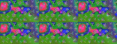 Raster. Yeşil ve mavi renkli güzel çiçekli çizim deseni, suluboya çiçek deseni, duvar kağıdı, kart veya kumaş için fayanslı..