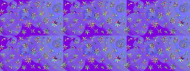 Çiçekli karalama şeklinde Raster çiçek deseni. Nazik, sevimli çiçek arkaplanı. Mor ve mavi renkte çiçekler.