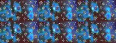 Çiçekler. Soyut etnik raster çizim kalıbı. Vadinin çiçekleri mavi ve kahverengi renklerde.