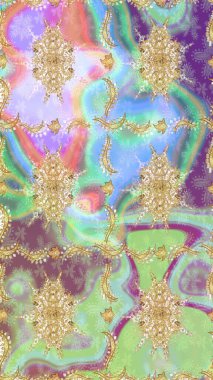 Raster eskiz deseni altın antika ortaçağ dekoratifi yapraklar ve altın desenli süslemeler ile tarafsız renklerde. Kraliyet lüksü, altın barok kumaş rengi..