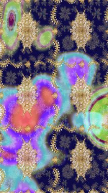 Eskiz oryantal klasik altın desen. Mavi renklerde altın tekrarlayan elementler içeren soyut Raster arkaplanı.