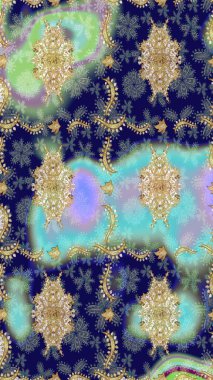 Soyut duvar kâğıdı, ambalaj dekorasyonu. Altın kar tanesi basit bir çizim kalıbı. Mavi renkli Raster altın deseni. Kışın sembolü, Mutlu Noel tatili, Mutlu yıllar 2019.