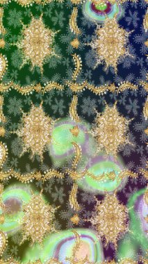 Doğu tarzı arabesk tarzında altın elementler. Raster Golden eskiz kalıbı. Çizim altın desenli bukleler. Yeşil renkte çizim deseni.