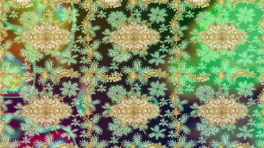 Yeşil renkte altın elementler. Çiçek deseni. Duvar kâğıdı barok, İspanyol kumaşı. Skeç raster arka planı. Şekil grafik deseni.