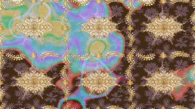 Kart, duvar kağıdı, ambalaj ve tekstil için klasik tasarım. Altın şablon. Kahverengi renkte Royal retro. Raster illüstrasyonu. Eskiz kalıbı altın elementler. Çiçeksel klasik doku.