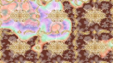 Hassas altın deseni açın. Raster sanatı. Doğu tarzı arabesk. Altın desenli bukleler çiz. Bej renkli ve altın elementli çizim deseni. Parlak dantel, stilize çiçekler, şal desenli