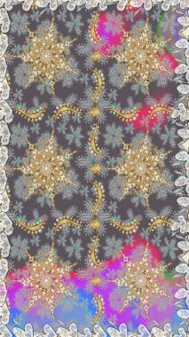 Gri renkler ve altın elementler üzerinde altın pürüzsüz desen. Kusursuz damaske klasik altın desen. Raster illüstrasyonu. Tekrarlayan ögelerle soyut arkaplan Raster.