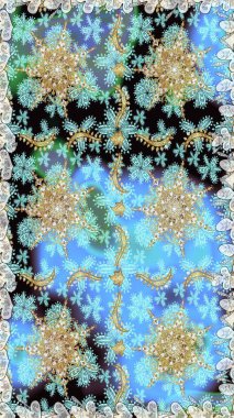 Altın elementlerle mavi renklerde altın desen. Süslü raster dekorasyonu. Barok tarzında duvar kağıdı tasarımı için kusursuz damaske deseni arkaplanı.