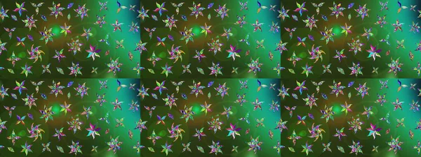 Çiçek desenli çizim. Raster illüstrasyonu. Yeşil ve gri renkli Asyalı tekstil.