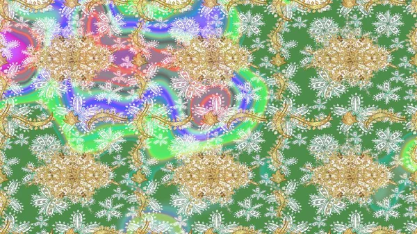 Yeşil renklerdeki altın element. Yeşil yerine altın rengi barok çiçekli eskiz deseni. Lüks, kraliyet ve Viktorya dönemi konsepti. Süslü raster dekorasyonu.