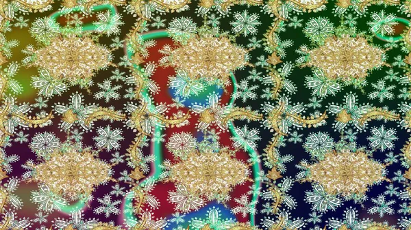 Tarafsız renklerde altın element. Damask çizimi tekrarlanıyor. Barok tarzında altın çiçekli süs. Doku arkaplanı üzerine altın duvar kağıdı.