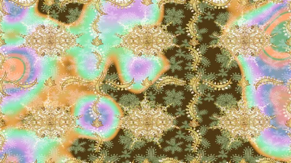 Tarafsız renklerde altın element. Antika altın tekrarlanabilir duvar kağıdı. Damask çizim kalıbı arka planı tekrarlıyor. Barok tarzında altın çiçek süsü..