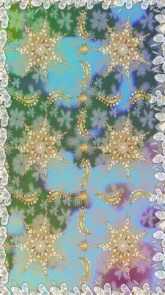 Şam, tasarım için kusursuz desen. Mavi renklerde altın elementli pürüzsüz desen.