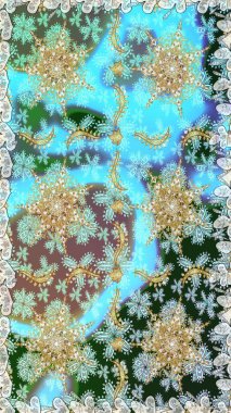 Mavi renklerdeki altın element. Antika altın tekrarlanabilir duvar kağıdı. Damask arkaplanı tekerrür ediyor. Barok tarzında altın çiçek süsü..