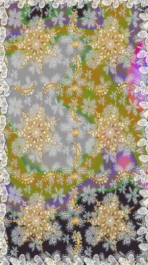 Doğu tarzında klasik tasarım öğesi. Gri renkli geleneksel Arapça dekor. Süslü dantel iz sürücü. Çiçekli süslemeli, pürüzsüz bir desen. Duvar kağıdı için altın süslü illüstrasyon.