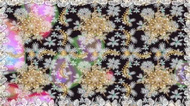 Damask kusursuz yinelenen arkaplan. Gri renklerdeki altın element. Barok tarzında altın çiçekli süs. Doku arkaplanı üzerine altın duvar kağıdı.