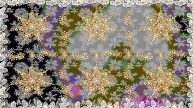 Kusursuz kraliyet lüksü, altın barok kumaş rengi. Altın antika ortaçağ dekoratifi, yapraklar ve gri renkli altın desenli süslemelerle pürüzsüz bir desen..