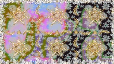 Süslü dantel iz sürücü. Tarafsız renkler üzerine geleneksel Arapça dekor. Çiçekli süslemeli, pürüzsüz bir desen. Doğu tarzında klasik tasarım öğesi. Duvar kağıdı için altın süslü illüstrasyon.