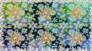 El yapımı dekoratif çerçeve, albüm kapağı, tebrik kartı, klasik Art deco tarzı. Raster soyut çiçek çelengi altın karalama fantezi yaprakları ve tarafsız renklerde çiçek.