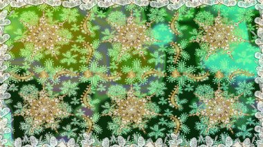 Yeşil renklerde, altın elementli, pürüzsüz bir desen. Şam tasarım için kusursuz desen.