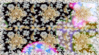 Davetiyeler, kartlar, web sayfası için Raster illüstrasyon. Çizgi sanatı tasarım şablonu için kusursuz sınır. Tarafsız renklerde altın element. Altın desenli çiçek dekoru. Doğu tarzı ögesi.