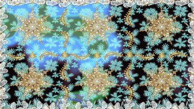 Doğu tarzı arabesk. Raster. Mavi renklerde altın elementlerle kusursuz desen. Kusursuz altın desenli bukleler. Hassas altın deseni açın. Parlak dantel, stilize çiçekler, şal desenli.