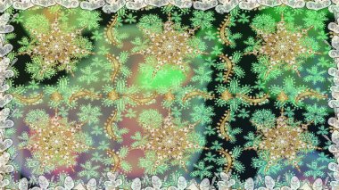 Noel, kar tanesi, yeni yıl 2019. Yeşil renklerde ve altın elementlerle kusursuz klasik desen.