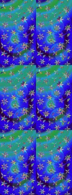 Dallı bahar çiçekleri ile desen, mavi ve yeşil renkler ile çiçek silueti. Raster deseni.