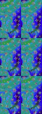 Parlak renkli çiçekleri olan ve mavi ve yeşil renkli yaprakları olan harika bir çiçek deseni. Moda baskıları için zarif bir şablon. Modern çiçek arkaplanı. Halk stili.