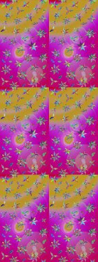 Çiçek desenli eskiz. Mor ve sarı renkte çiçekler. Renkli Bahar Teması eskiz kalıbı. Düz Çiçek Elementleri Tasarım Raster illüstrasyonu.