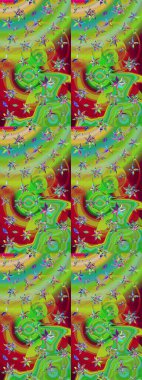 Renkli desenli eskiz deseni, yeşil ve kırmızı çiçekler ve dekoratif elementler. Eskiz geçmişi. Raster illüstrasyonu. Kumaş, tekstil, duvar kağıdı baskısı için. Antika retro tarzı.