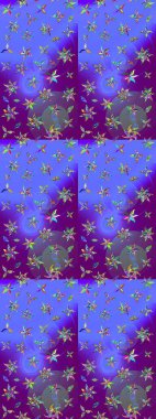 Parlak renkli çiçekleri ve mor ve mor renkli yaprakları olan harika bir çiçek deseni. Moda baskıları için zarif bir şablon. Modern çiçek arkaplanı. Halk stili.