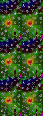 Çiçeksel fantezi tasarımı ve parlak bir arka plan çizimi. Renkli Bahar Teması eskiz kalıbı. Düz Çiçek Elementleri Tasarımı.