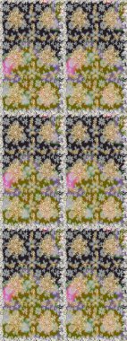 Altın çiçekli, pürüzsüz desen. Gri renklerdeki altın element. Damask arkaplanı. Barok tarzında altın çiçekli süs..