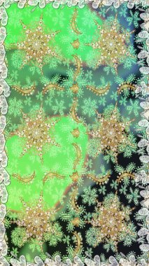 Kusursuz klasik raster altın desenli. Yeşil ve nötr renklerde altın elementlerle kusursuz desen. Raster illüstrasyonu. Geleneksel oryantasyon süsü. Klasik vintage arkaplan.