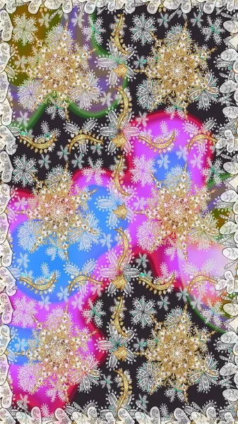 Kusursuz desenli oryantal süs. Çiçek kiremitleri. Gri ve nötr renklerde altın desenler ve altın elementler. Raster altın tekstil baskısı. İslam tasarımı.