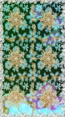 Tarafsız ve mavi renklerde altın elementlerle kusursuz desen. Raster oryantal süs. Kusursuz altın desen.