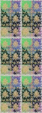 Raster altın tekstil baskısı. Kusursuz desenli oryantal süs. İslam tasarımı. Çiçek kiremitleri. Altın elementlerle gri renklerde altın desen.