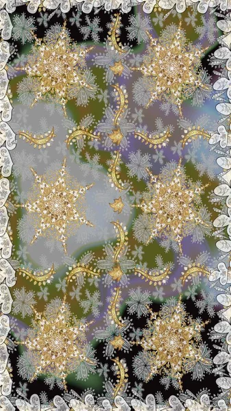 Gri ve nötr renklerde altın element. Süslü raster dekorasyonu. Gri ve nötr yerine altın rengi klasik barok çiçekli desenler. Lüks, kraliyet ve Viktorya dönemi konsepti.