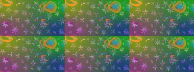 Raster çiçek izi. Klasik taslak çizimi. Raster Yumuşak kumaş deseni. Çiçek yeşili ve mavi çizim deseni.