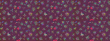 Raster illüstrasyonundaki çiçek desenli çizim. Çiçekler suluboya tarzında kahverengi ve mor renkte.